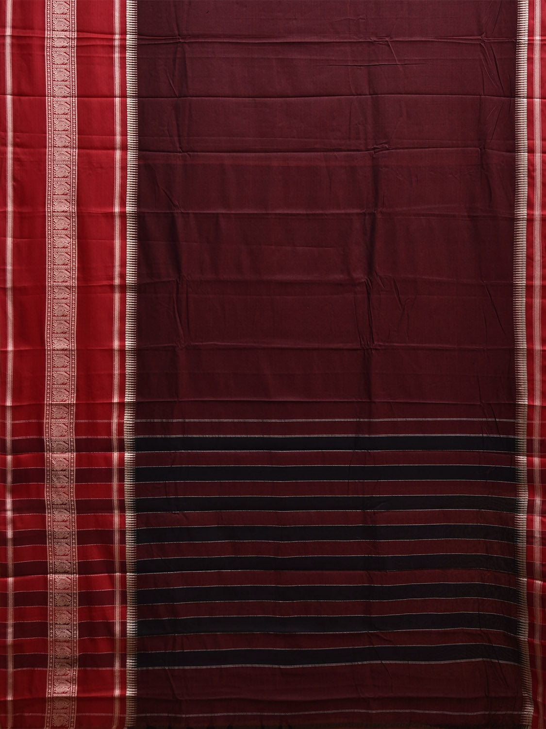 Maroon and Red Kanchipuram Cotton Saree with Strips Pallu and Big Border Design No Blouse k0806