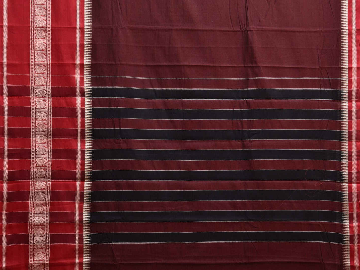 Maroon and Red Kanchipuram Cotton Saree with Strips Pallu and Big Border Design No Blouse k0806
