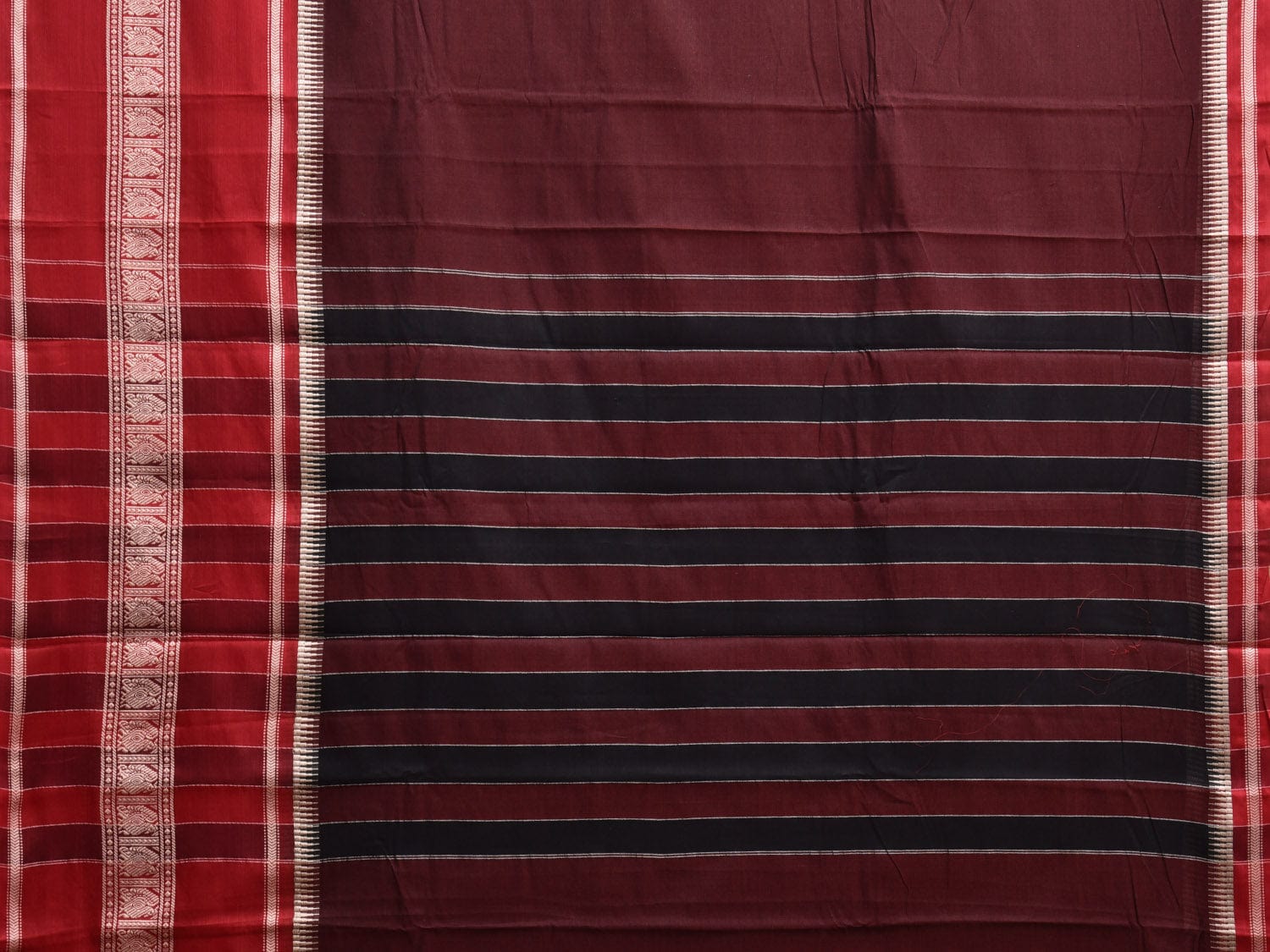 Maroon and Red Kanchipuram Cotton Saree with Strips Pallu and Big Border Design No Blouse k0806