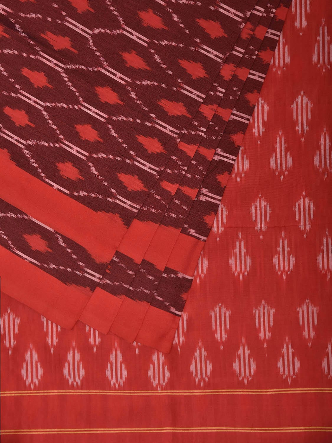 Maroon and Red Pochampally Ikat Cotton Handloom Saree with Grill Design No Blouse i0977