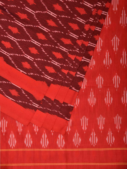 Maroon and Red Pochampally Ikat Cotton Handloom Saree with Grill Design No Blouse i0977