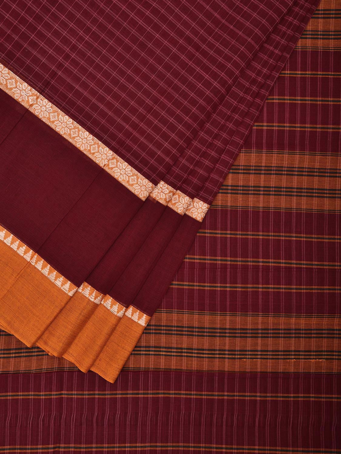 Maroon and Yellow Narayanpet Cotton Handloom Saree with Checks Design and Big Border No Blouse np1028