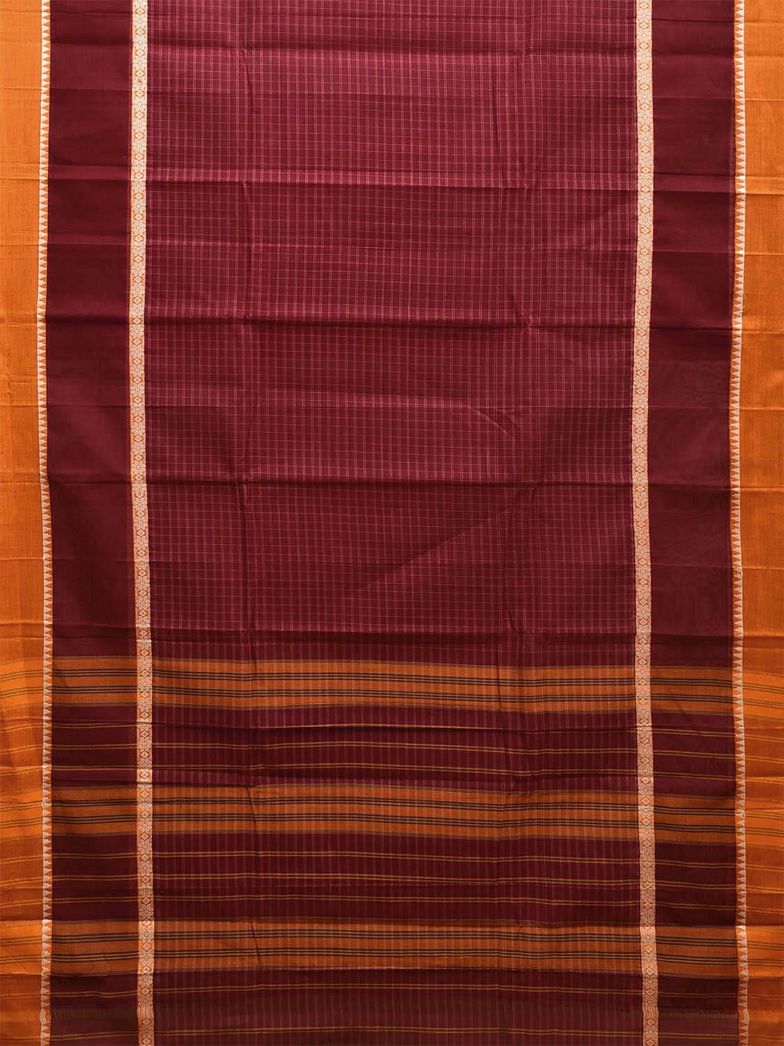 Maroon and Yellow Narayanpet Cotton Handloom Saree with Checks Design and Big Border No Blouse np1028