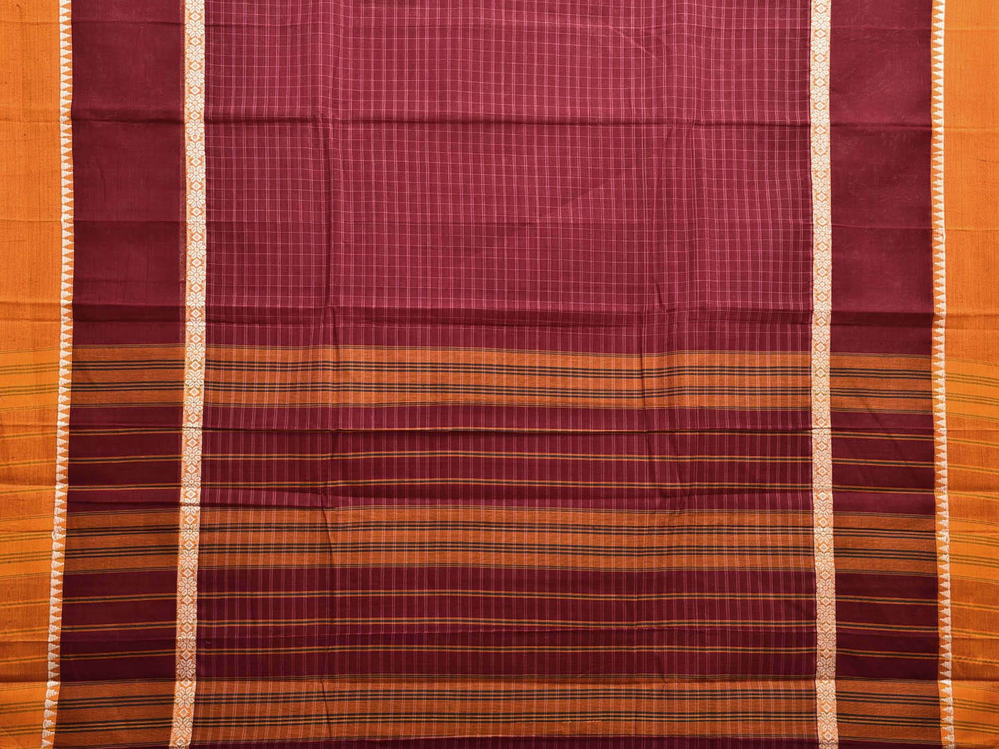 Maroon and Yellow Narayanpet Cotton Handloom Saree with Checks Design and Big Border No Blouse np1028