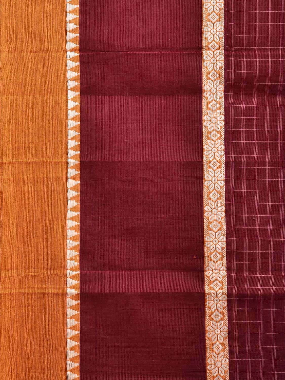Maroon and Yellow Narayanpet Cotton Handloom Saree with Checks Design and Big Border No Blouse np1028