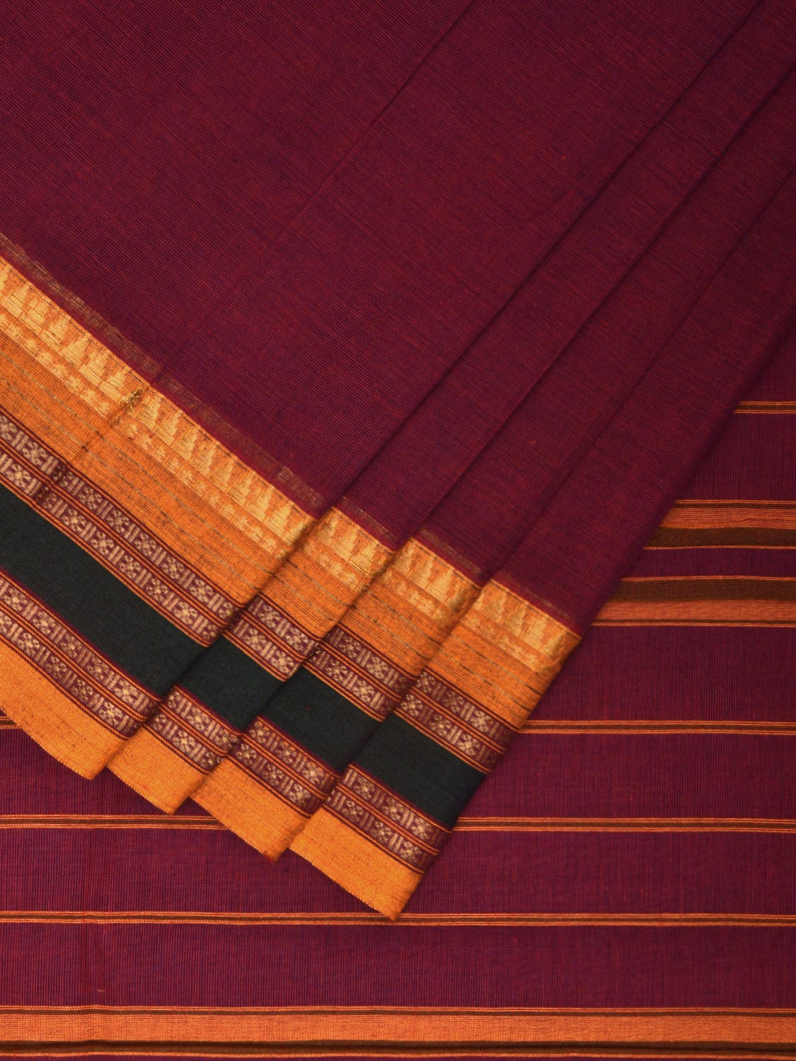 Maroon and Yellow Narayanpet Cotton Handloom Saree with Strips Pallu Design No Blouse np0944