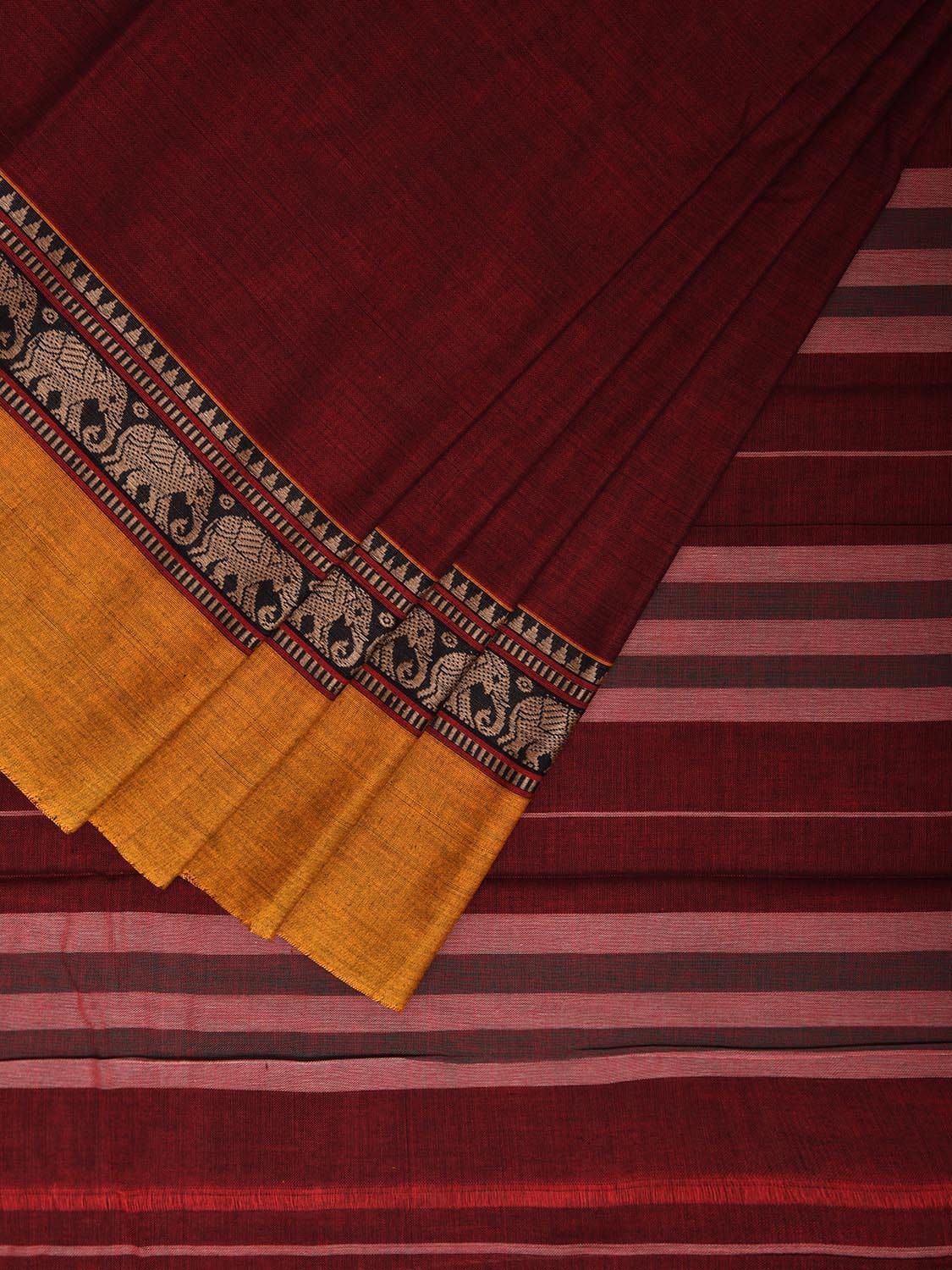 Maroon and Yellow Narayanpet Cotton Plain Saree with Strips and Elephant Border Design No Blouse np1098