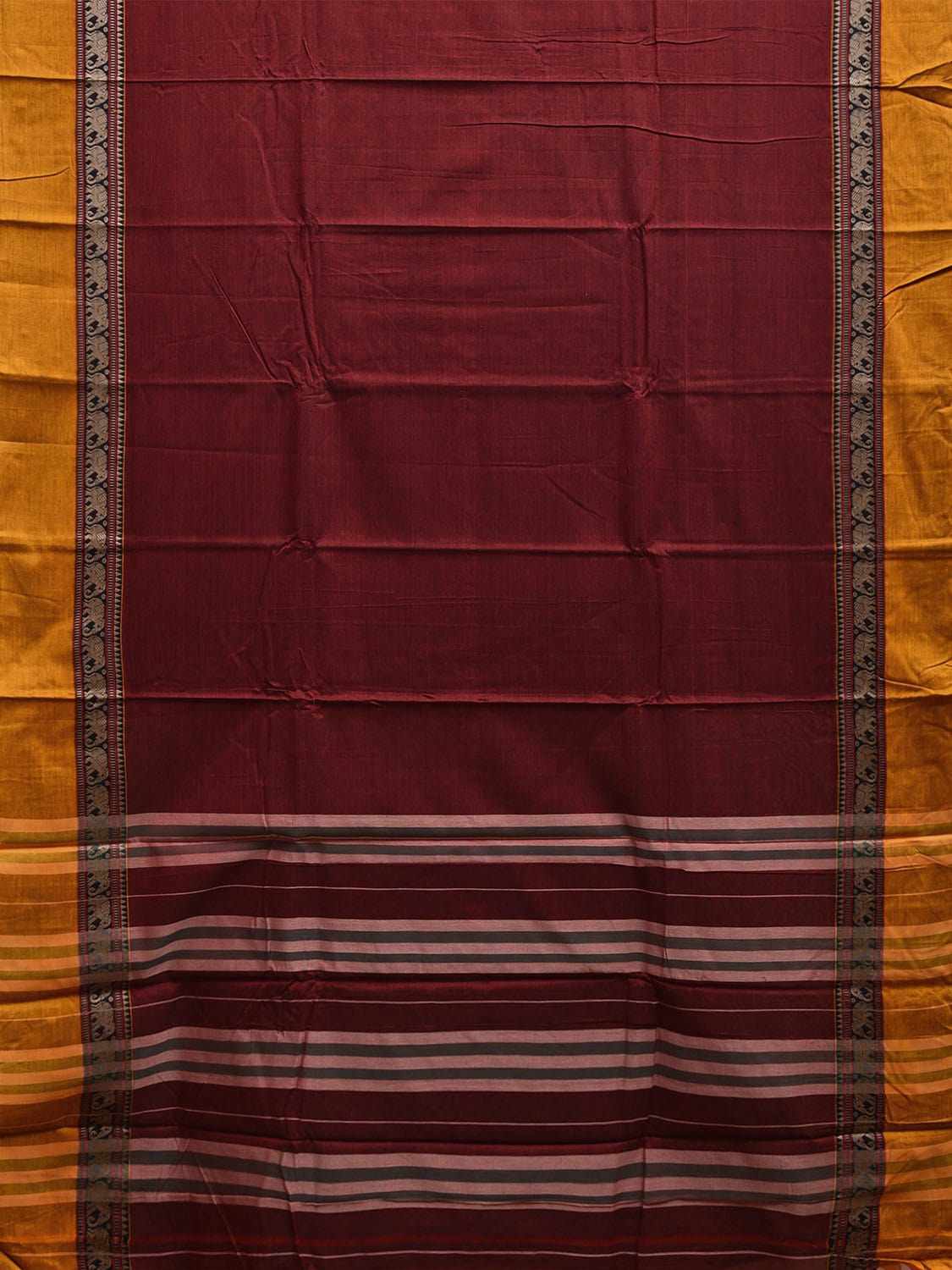 Maroon and Yellow Narayanpet Cotton Plain Saree with Strips and Elephant Border Design No Blouse np1098