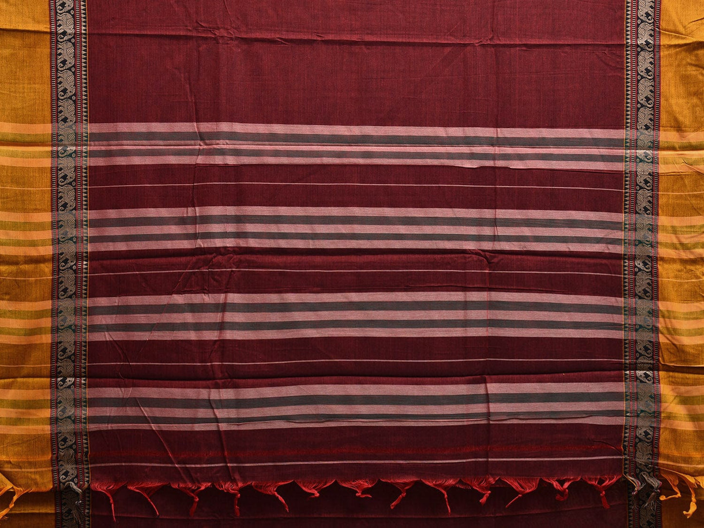 Maroon and Yellow Narayanpet Cotton Plain Saree with Strips and Elephant Border Design No Blouse np1098
