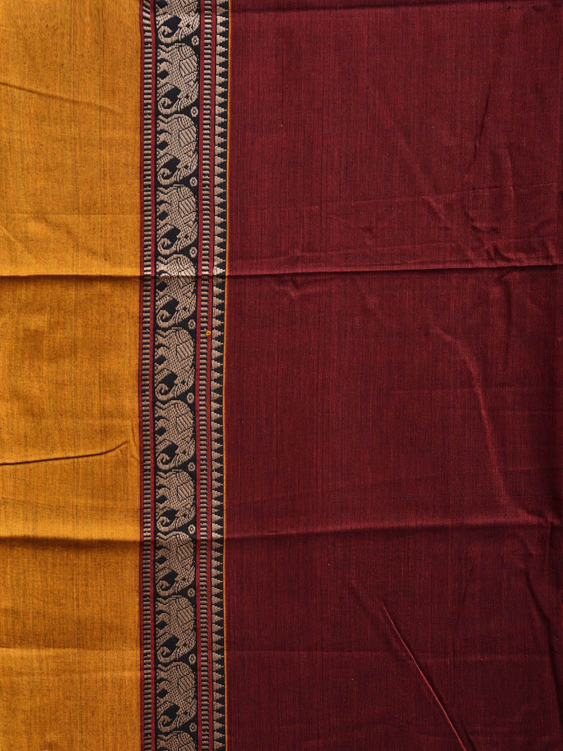 Maroon and Yellow Narayanpet Cotton Plain Saree with Strips and Elephant Border Design No Blouse np1098