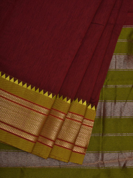 Maroon Bamboo Cotton Plain Saree with Paithani Border Design No Blouse o0336