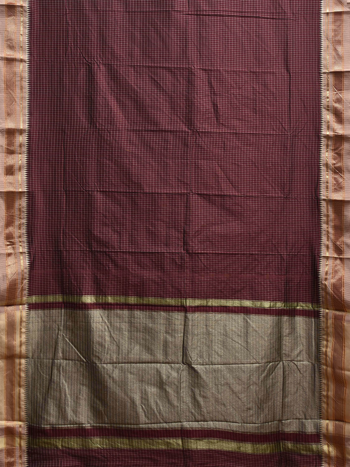 Maroon Bamboo Cotton Viscose Silk Saree with Checks Design No Blouse bc0840