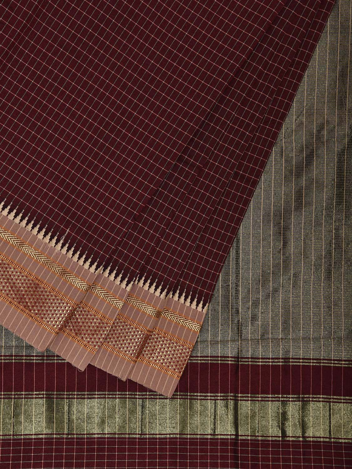 Maroon Bamboo Cotton Viscose Silk Saree with Checks Design No Blouse bc0840