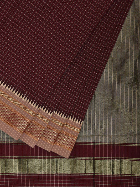 Maroon Bamboo Cotton Viscose Silk Saree with Checks Design No Blouse bc0840