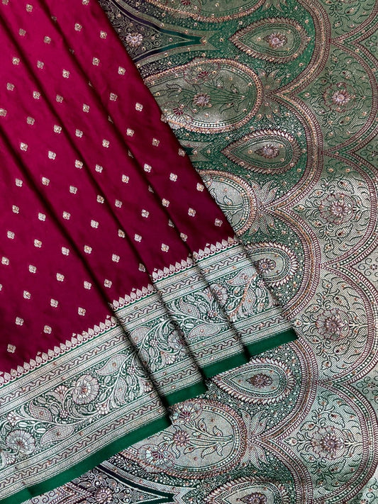 Maroon Banaras Katan Silk Saree with Body Butti and Border Design b0370ds