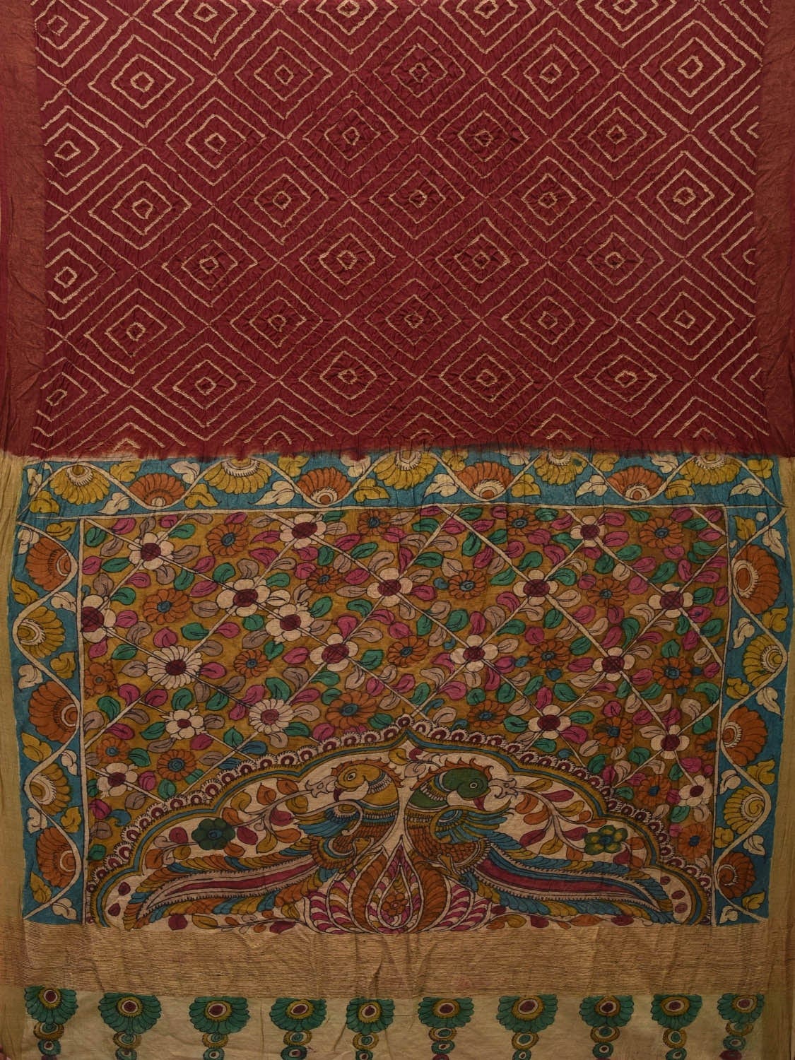 Maroon Bandhani Kalamkari Hand Painted Tussar Handloom Saree with Zari Border bn0326