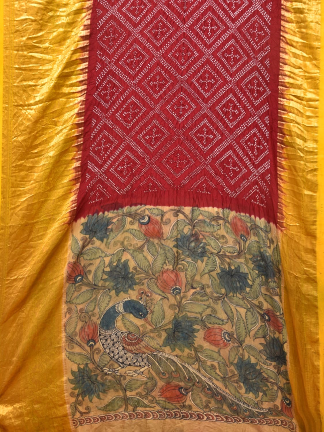 Maroon Bandhani Kanchipuram Silk Handloom Saree with Pallu and Blouse Kalamkari Design bn0484