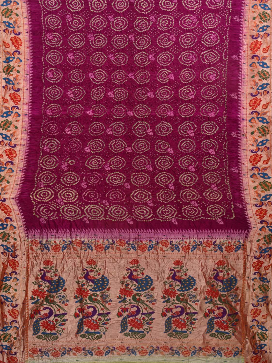 Maroon Bandhani Paithani Silk Handloom Saree with Peacocks Border Design bn0390