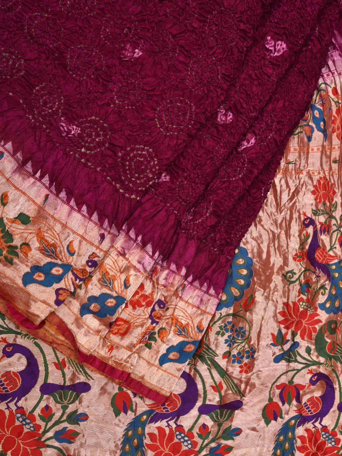 Maroon Bandhani Paithani Silk Handloom Saree with Peacocks Border Design bn0390