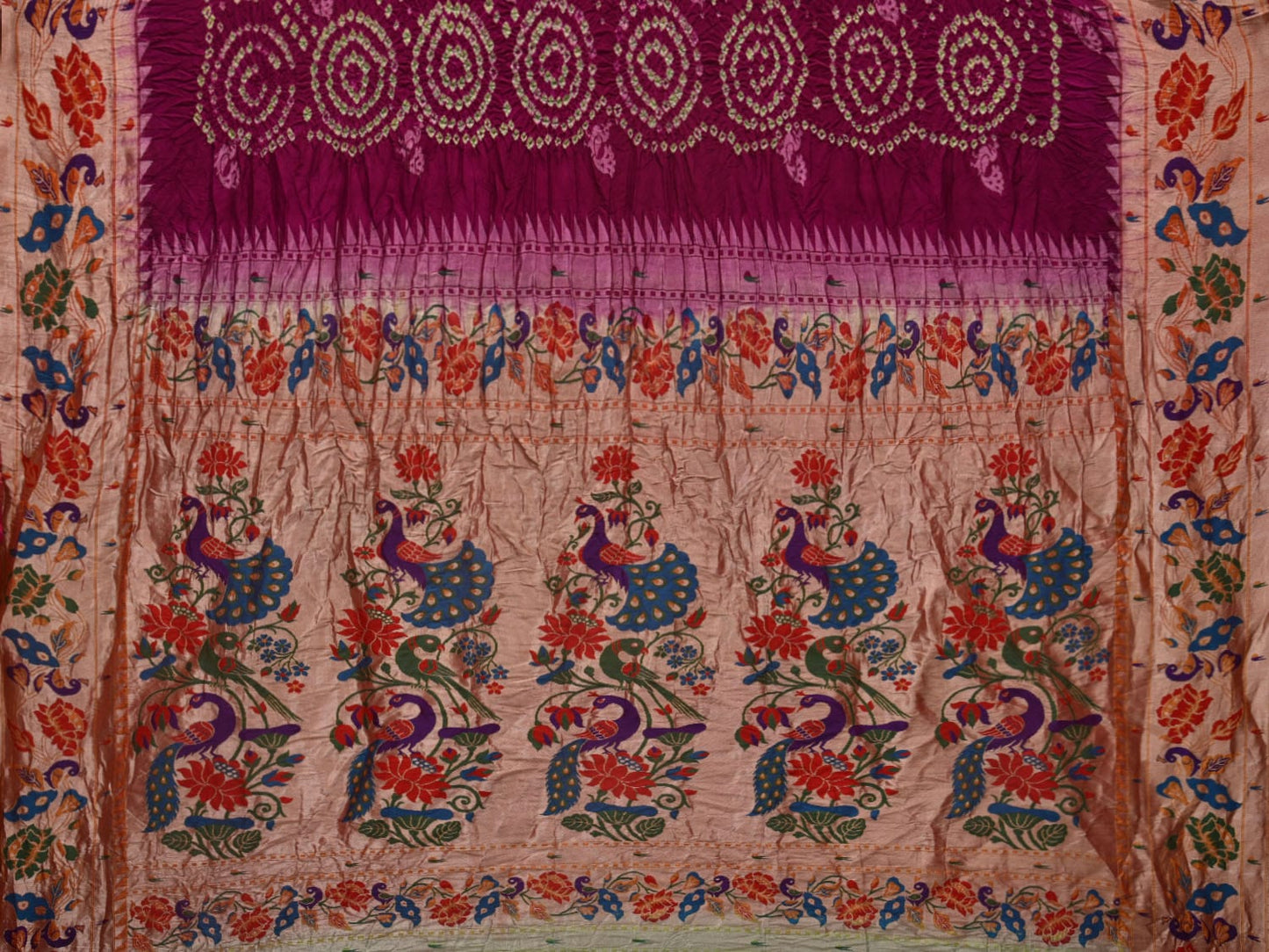 Maroon Bandhani Paithani Silk Handloom Saree with Peacocks Border Design bn0390