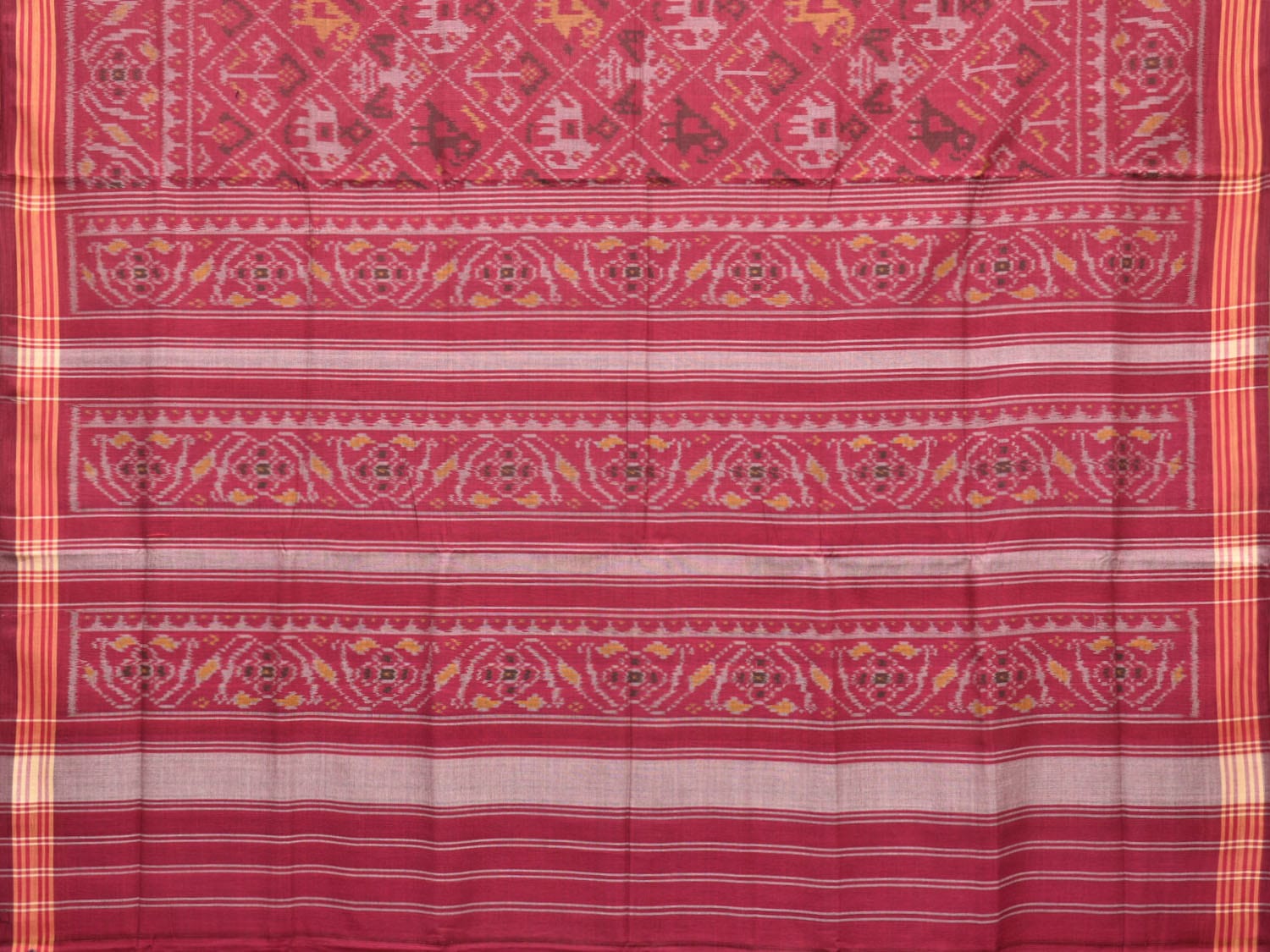 Maroon Ikat Cotton Handloom Saree with Parrot and Elephant Design i0779