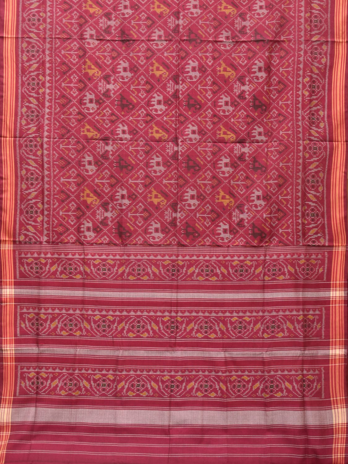Maroon Ikat Cotton Handloom Saree with Parrot and Elephant Design i0779