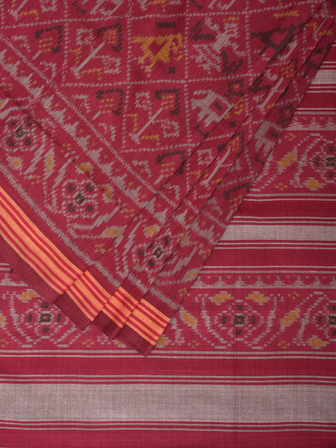 Maroon Ikat Cotton Handloom Saree with Parrot and Elephant Design i0779