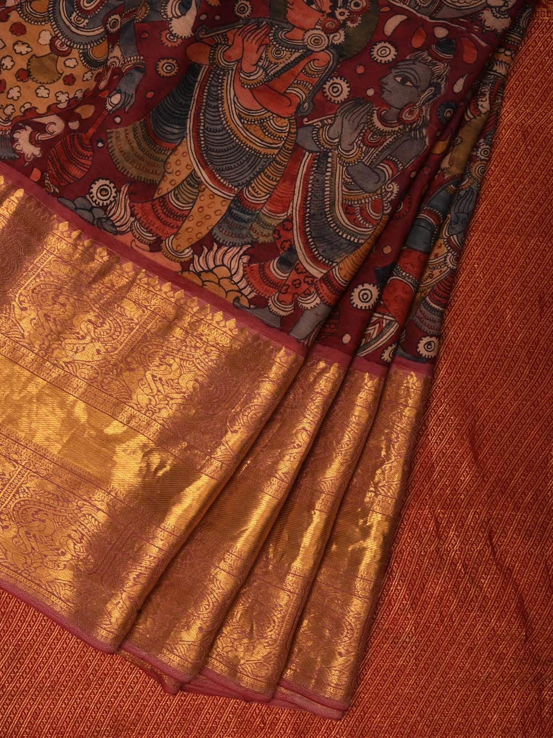 Maroon Kalamkari Hand Painted Kanchipuram Silk Handloom Saree with Dashavatar Design KL0519