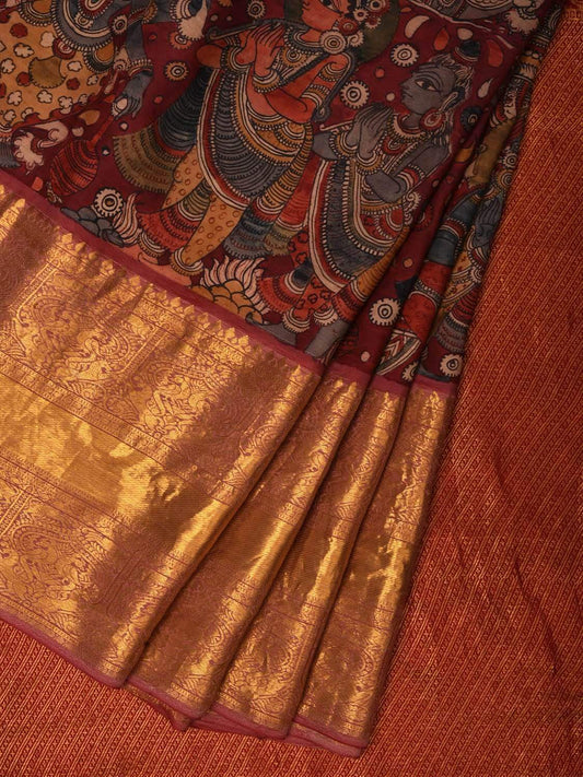 Maroon Kalamkari Hand Painted Kanchipuram Silk Handloom Saree with Dashavatar Design KL0519