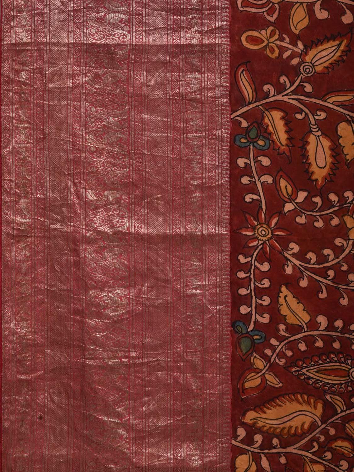 Maroon Kalamkari Hand Painted Kanchipuram Silk Handloom Saree with Floral and Peacocks Design KL0512