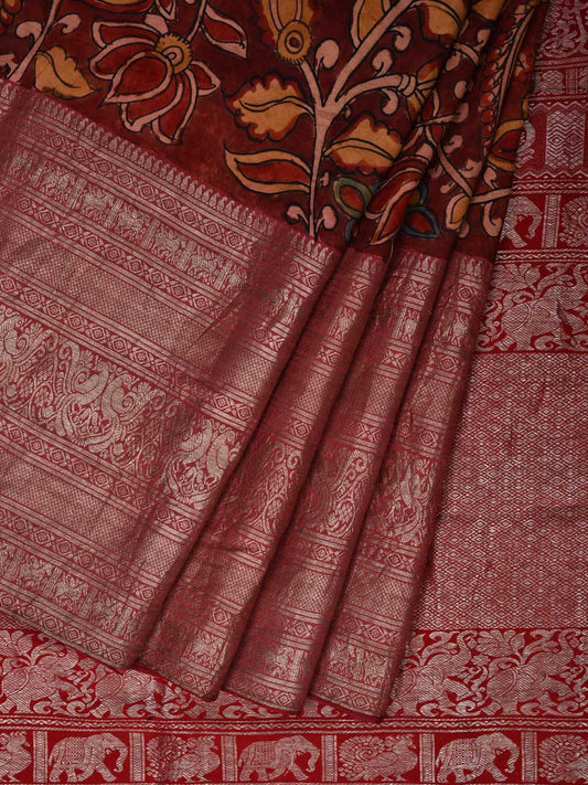 Maroon Kalamkari Hand Painted Kanchipuram Silk Handloom Saree with Floral and Peacocks Design KL0512