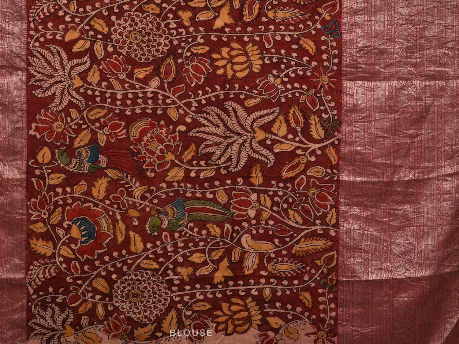 Maroon Kalamkari Hand Painted Kanchipuram Silk Handloom Saree with Floral and Peacocks Design KL0512