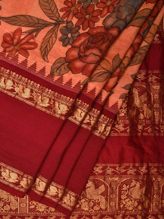 Maroon Kalamkari Hand Painted Kanchipuram Silk Handloom Saree with Floral Design KL0497