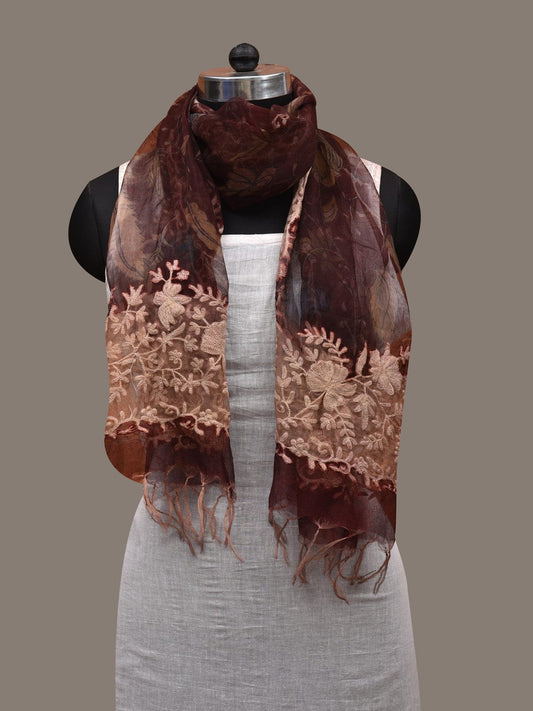 Maroon Kalamkari Hand Painted Organza Silk Stole with Floral and Embroidary Design ds2892