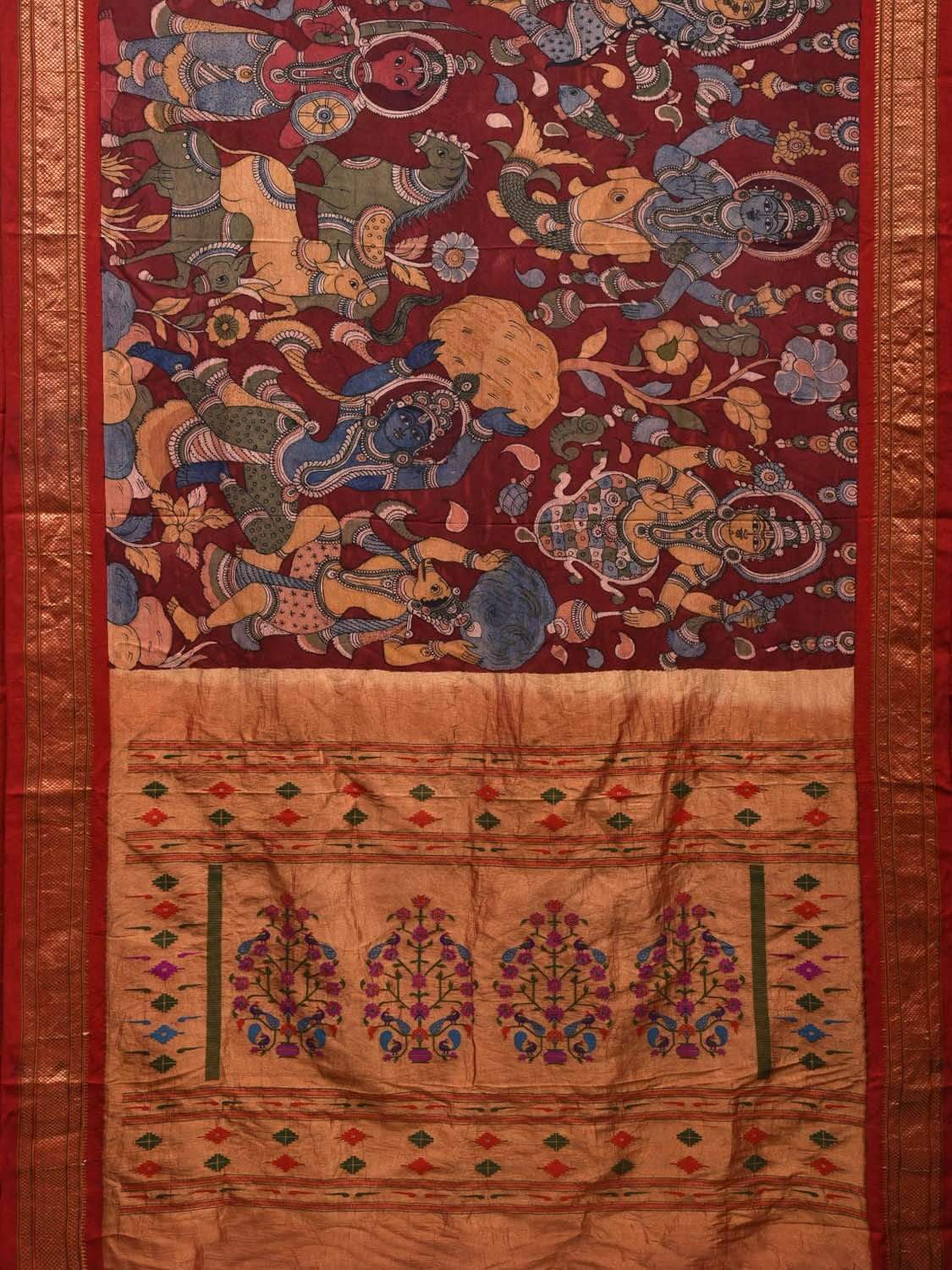 Maroon Kalamkari Hand Painted Paithani Silk Handloom Saree with Dashavatar Design KL0572