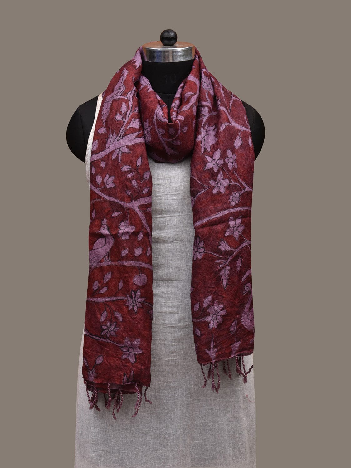 Maroon Kalamkari Hand Painted Tussar Handloom Dupatta with Floral Design ds2841