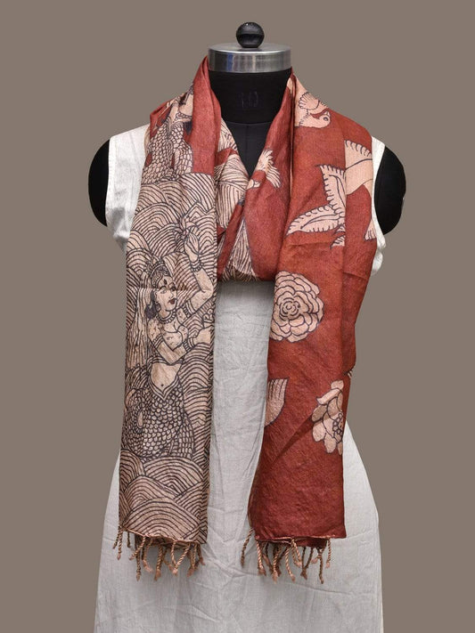 Maroon Kalamkari Hand Painted Tussar Handloom Dupatta with Krishna Design ds2276