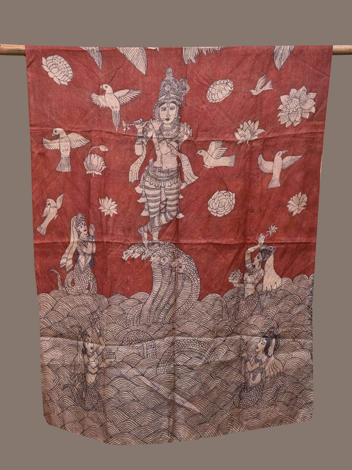 Maroon Kalamkari Hand Painted Tussar Handloom Dupatta with Krishna Design ds2276