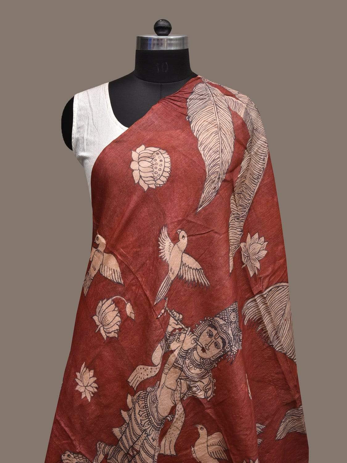 Maroon Kalamkari Hand Painted Tussar Handloom Dupatta with Krishna Design ds2276