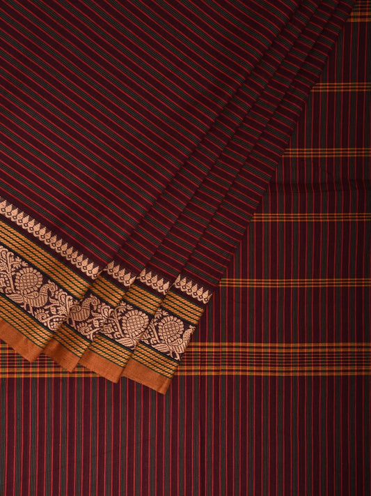 Maroon Kanchipuram Cotton Saree with Strips and Border Design Kalamkari Blouse k0823