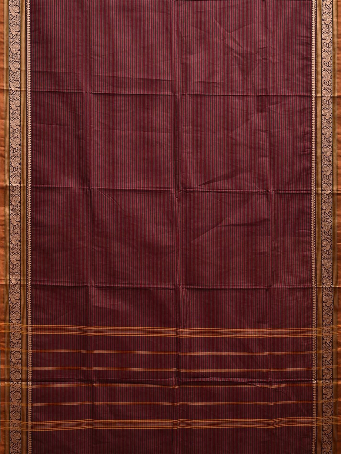 Maroon Kanchipuram Cotton Saree with Strips and Border Design Kalamkari Blouse k0823