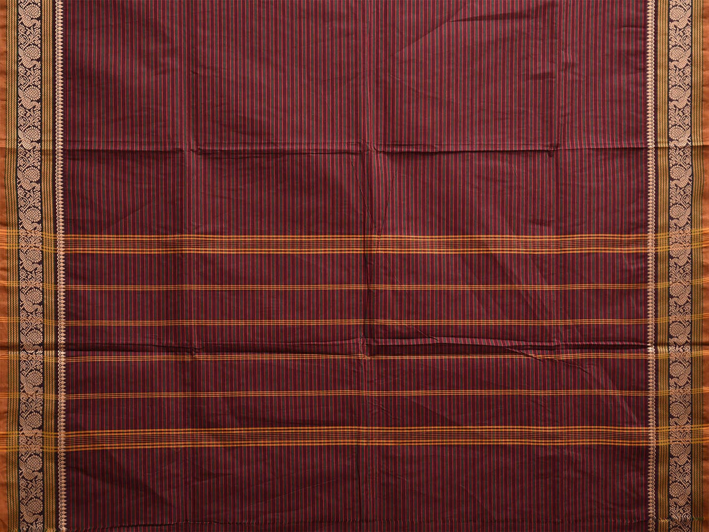 Maroon Kanchipuram Cotton Saree with Strips and Border Design Kalamkari Blouse k0823