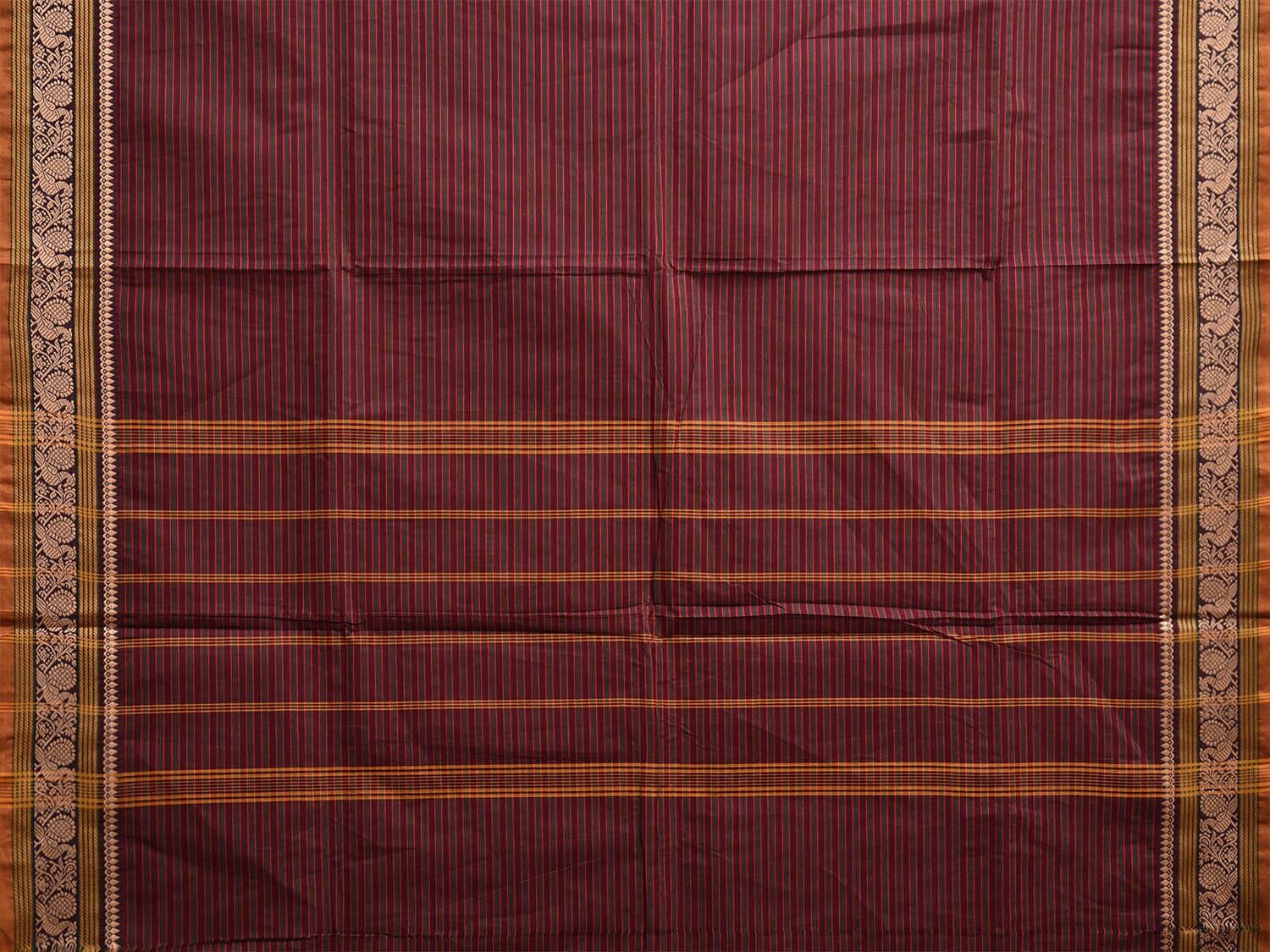 Maroon Kanchipuram Cotton Saree with Strips and Border Design Kalamkari Blouse k0823