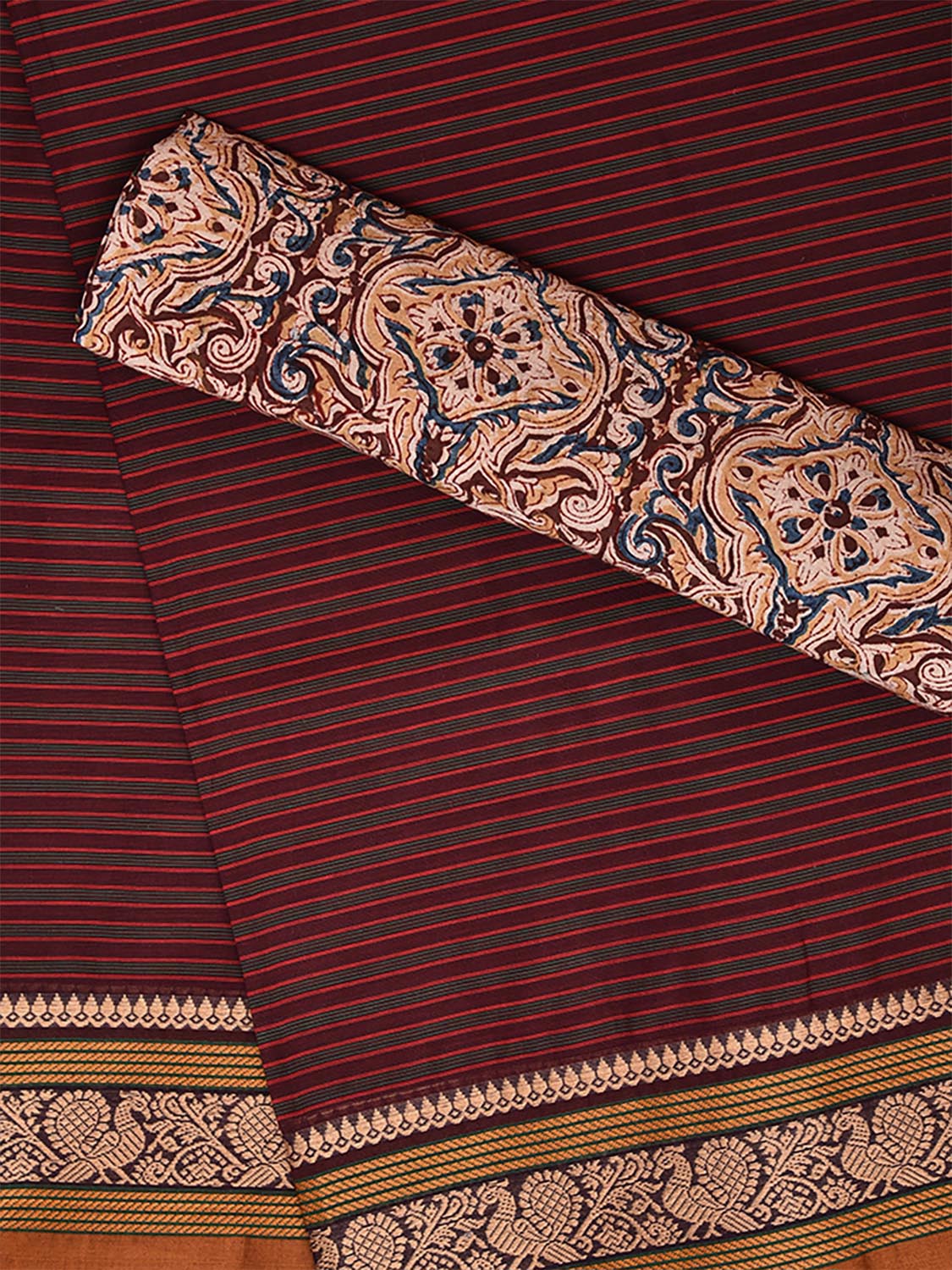 Maroon Kanchipuram Cotton Saree with Strips and Border Design Kalamkari Blouse k0823