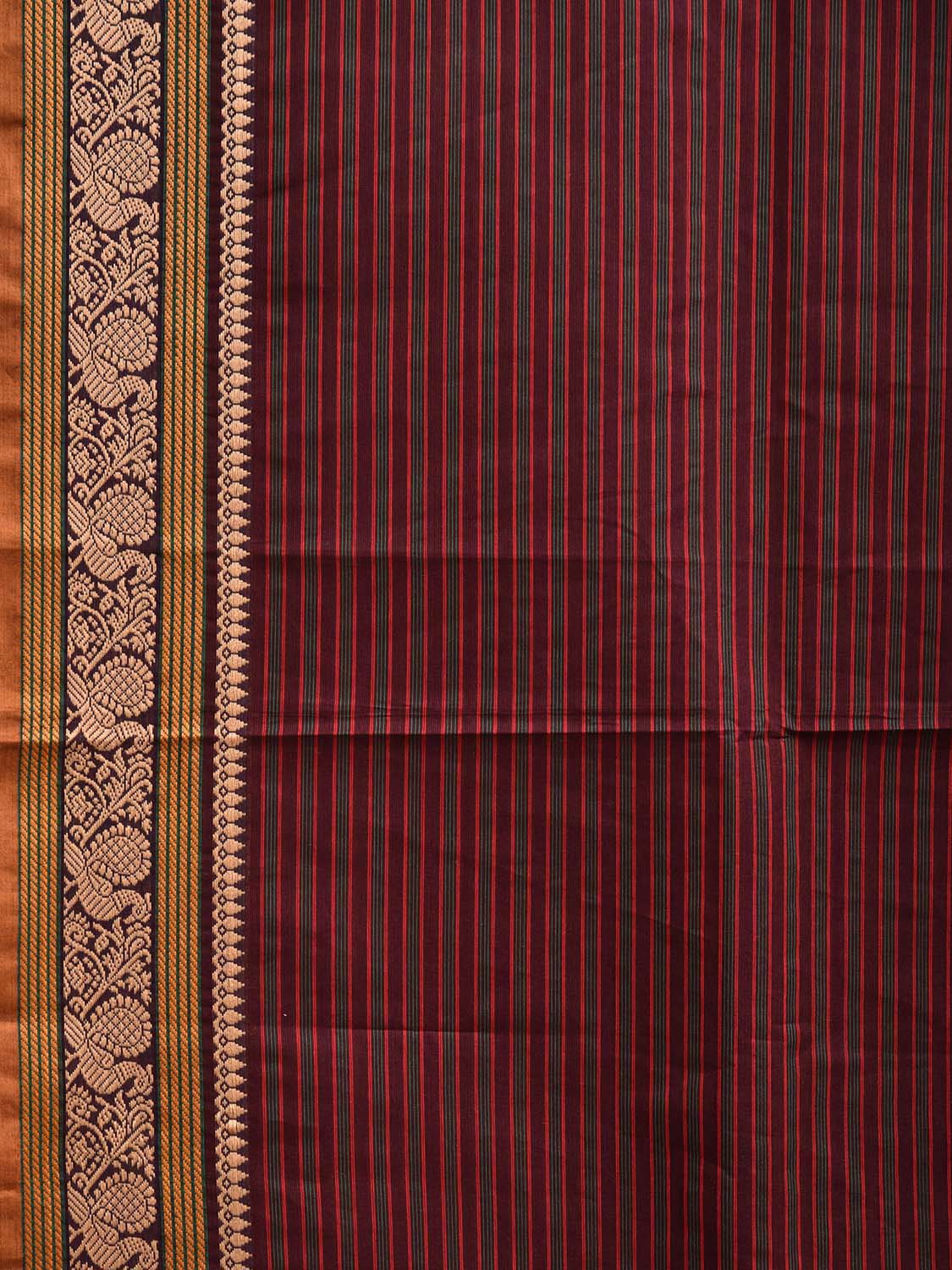 Maroon Kanchipuram Cotton Saree with Strips and Border Design Kalamkari Blouse k0823