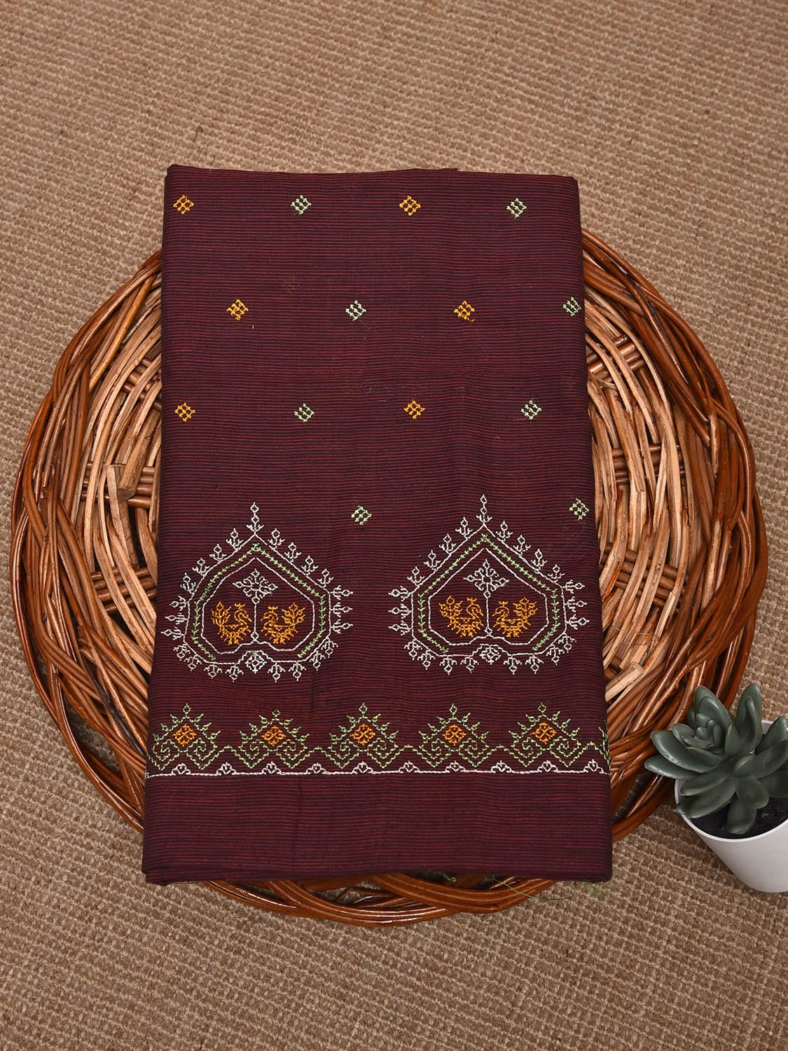Maroon Kasuti Khadi Cotton Blouse with Peacock Design Length 1mt Width 44 Inches BL0152