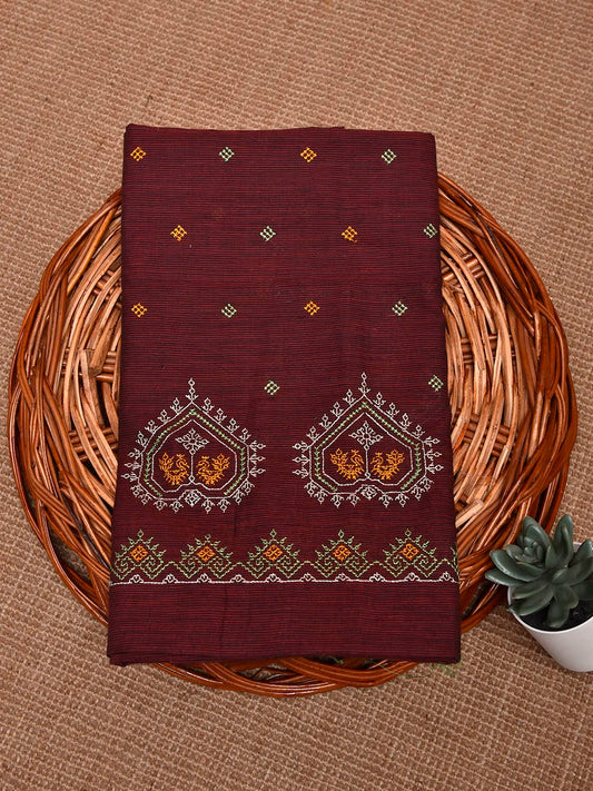 Maroon Kasuti Khadi Cotton Blouse with Peacock Design Length 1mt Width 44 Inches BL0152