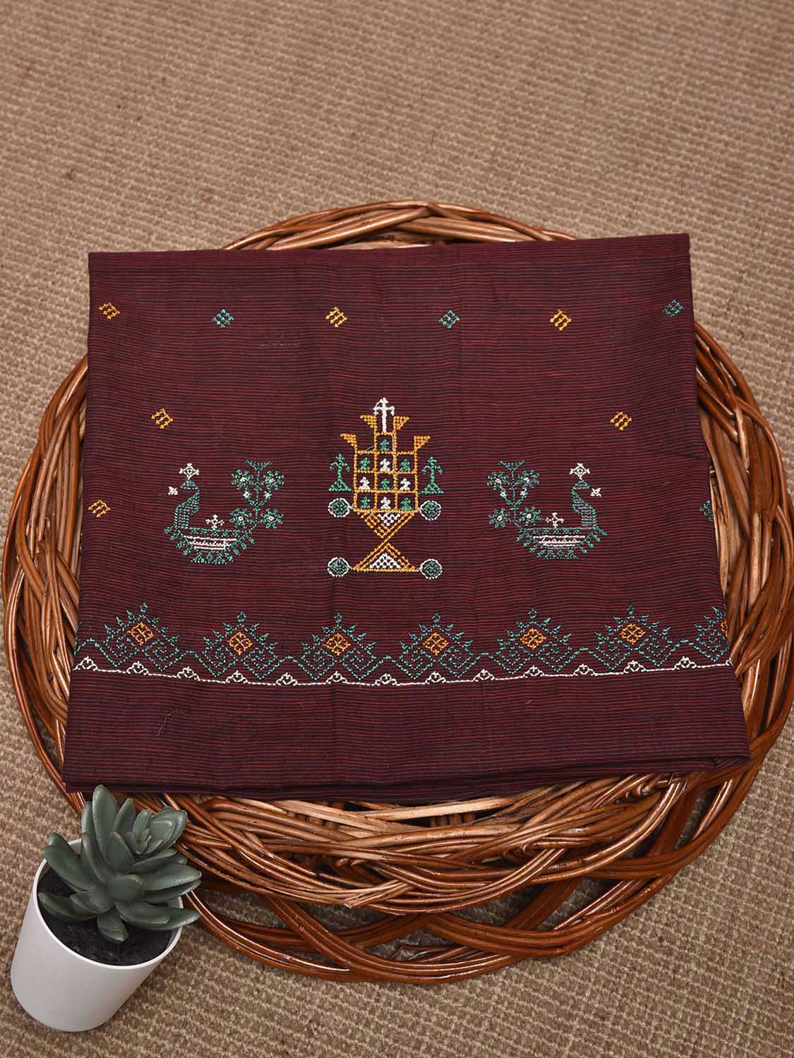 Maroon Kasuti Khadi Cotton Blouse with Peacock Design Length 1mt Width 44 Inches BL0154