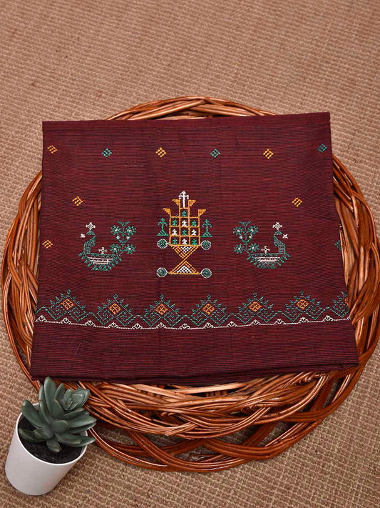 Maroon Kasuti Khadi Cotton Blouse with Peacock Design Length 1mt Width 44 Inches BL0154
