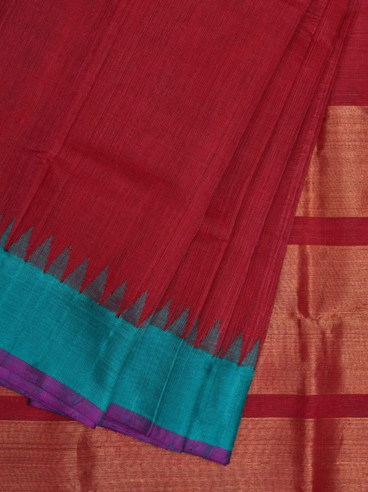 Maroon Khadi Cotton Handloom Plain Saree with Ganga-Jamuna Border Design kh0528